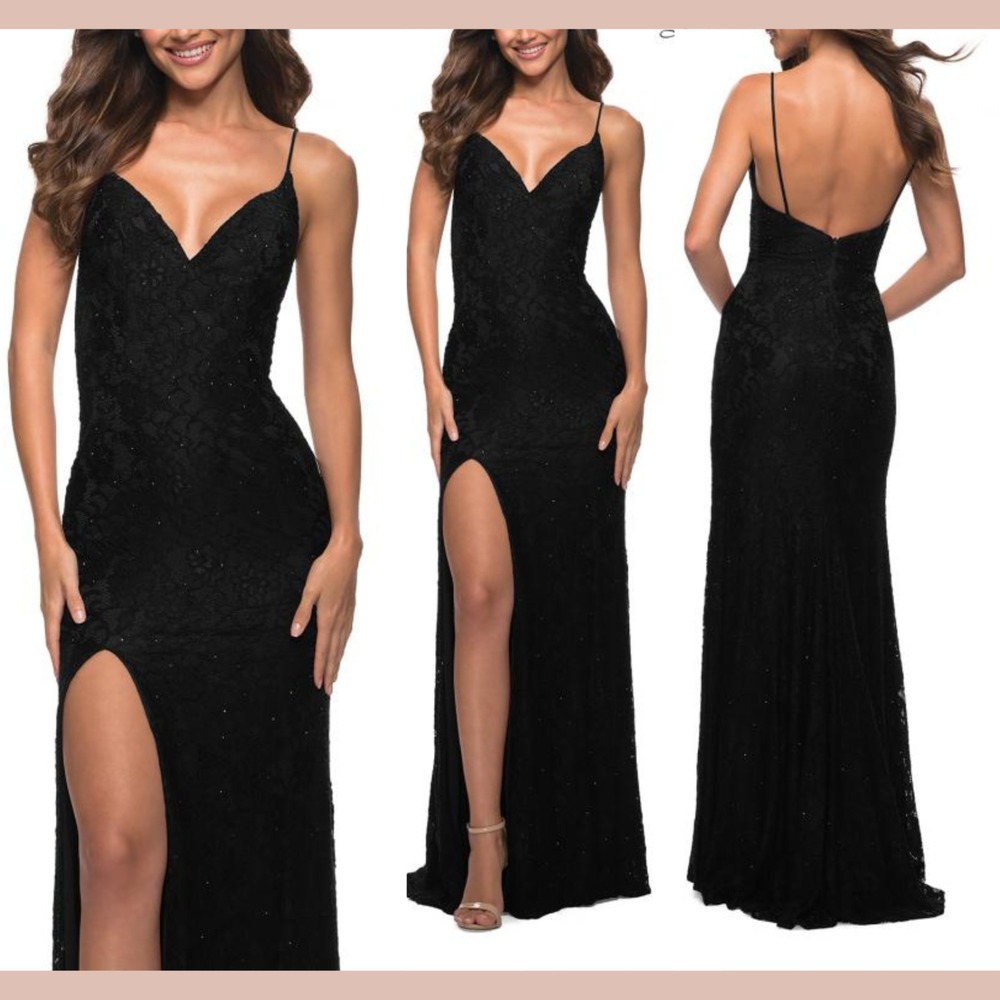 NWT $398 La Femme [ 6 ] Jewel‎ Tone Tulle And Lace Mermaid Gown Black #S1895